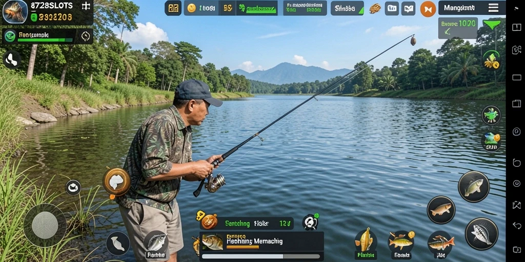 Screenshot gameplay 8728SLOTS menampilkan aksi memancing seru dan beragam ikan.