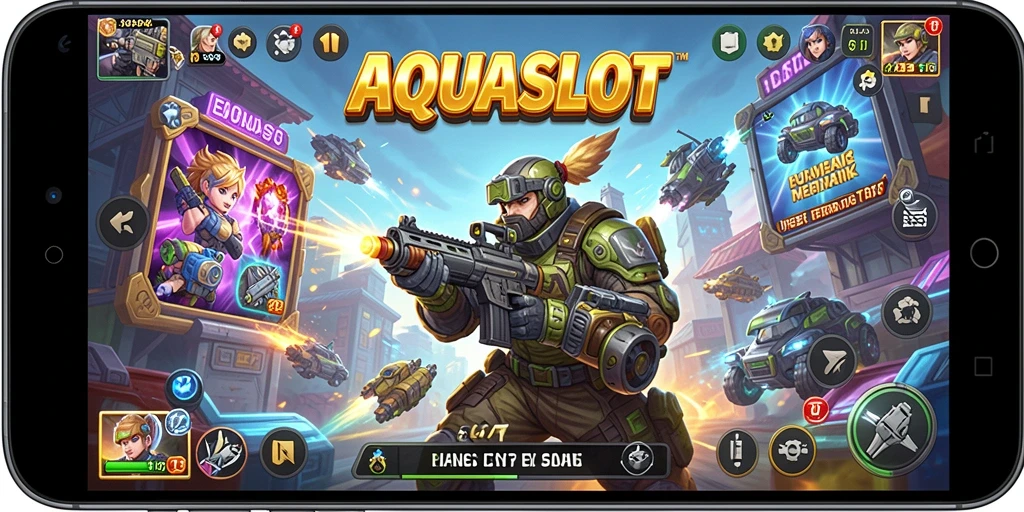 Tangkapan layar gameplay AQUASLOT dengan aksi seru dan elemen TPS.