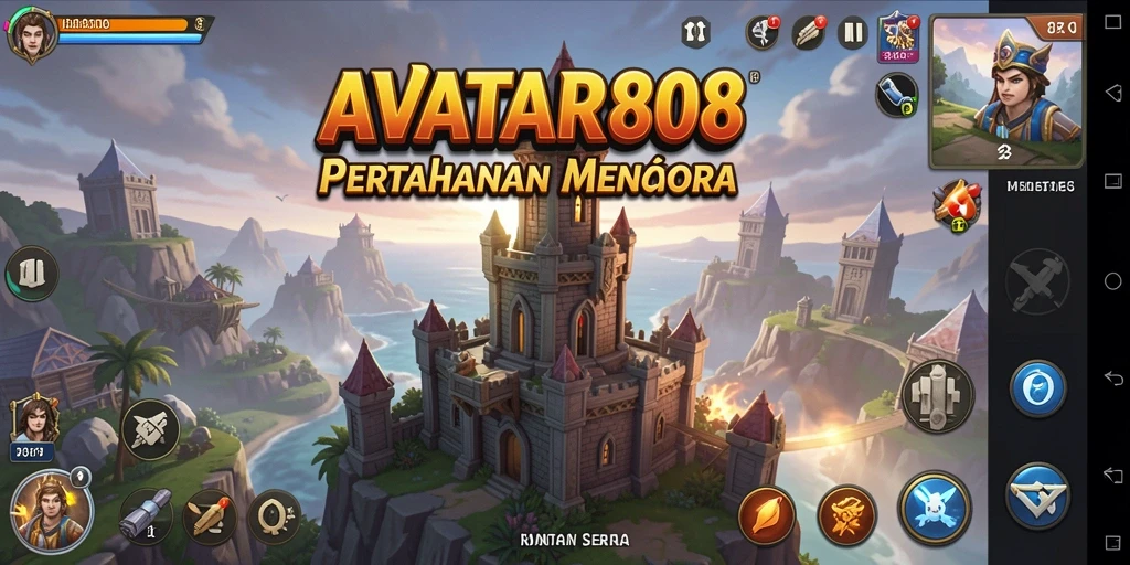 Screenshot gameplay AVATAR808 menampilkan menara yang sedang bertahan dari gelombang musuh.