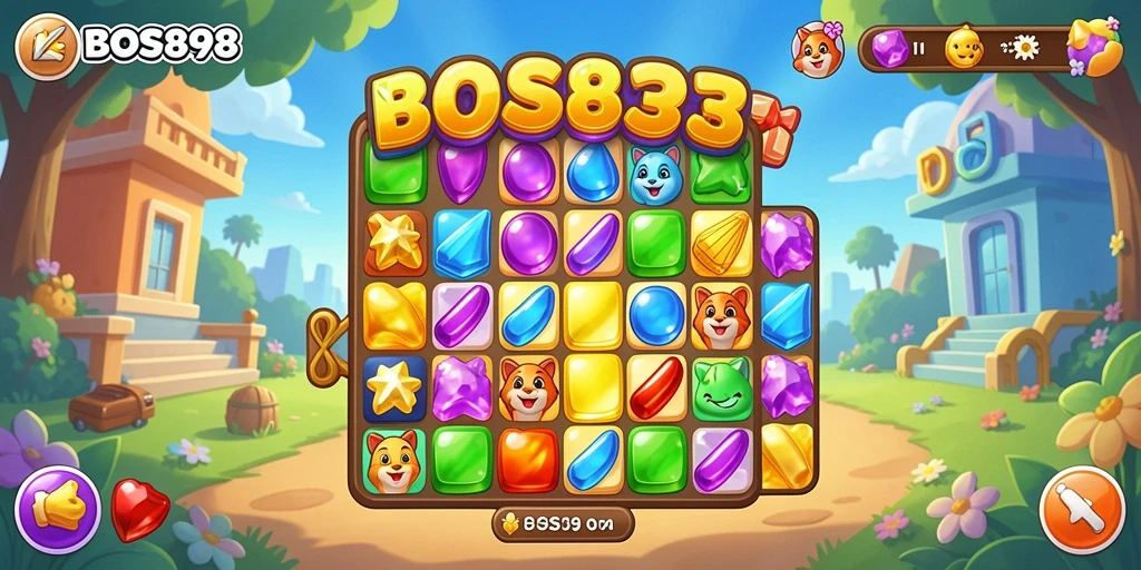 Screenshot BOS898 menampilkan gameplay seru mencocokkan permata.
