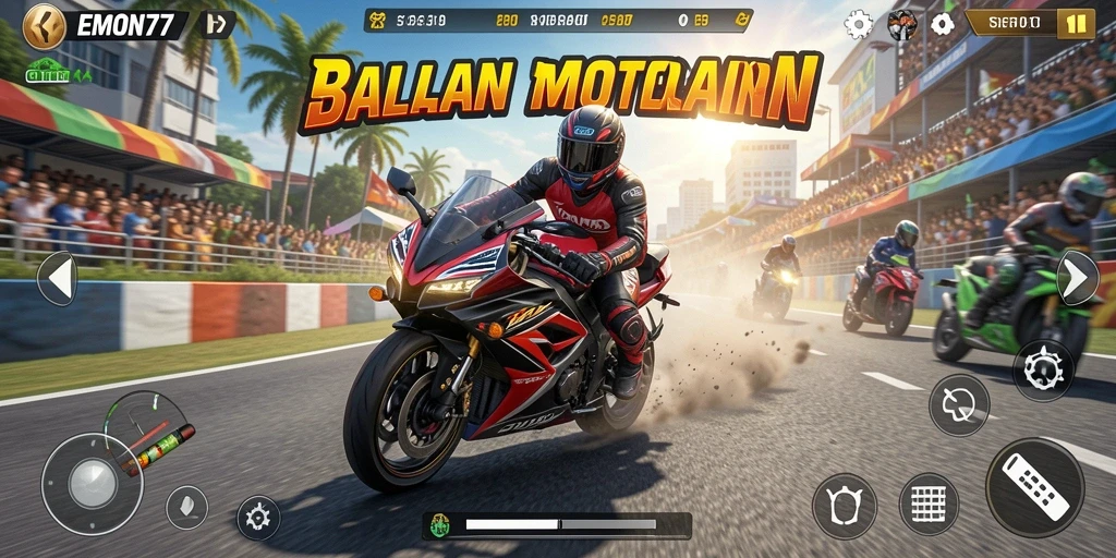 Tampilan gameplay balapan motor yang mendebarkan di EMON77.