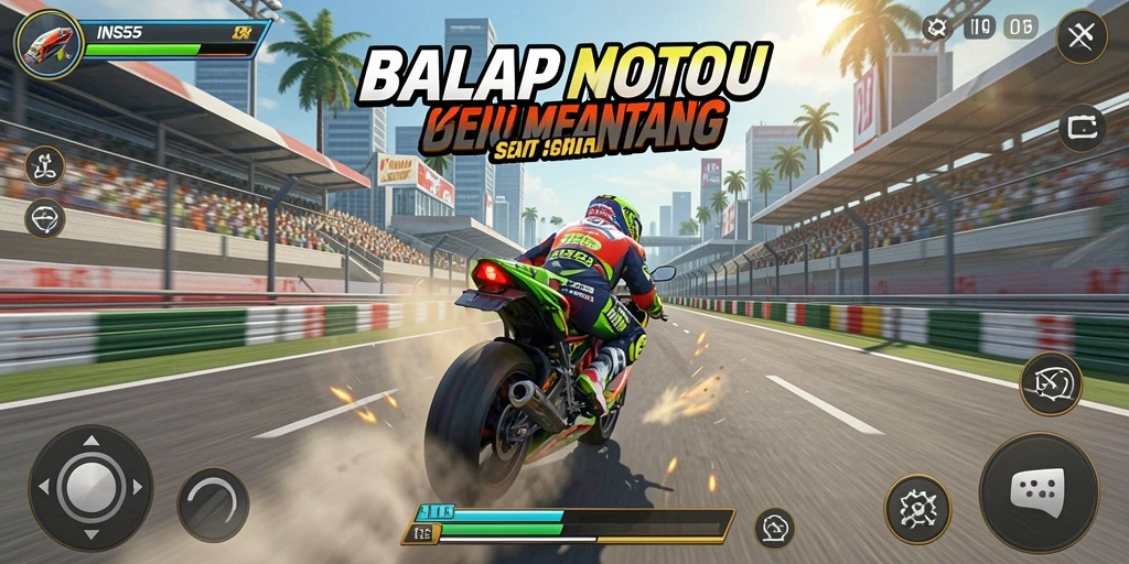 Screenshot INS55 yang menampilkan aksi balap motor yang intens.