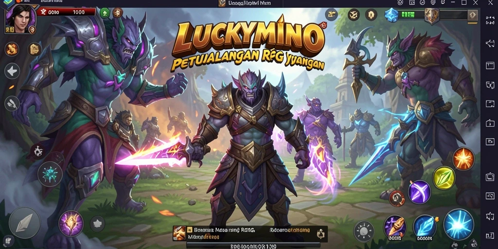 Tampilan gameplay epik dari LUCKYMINO yang menyoroti pertempuran RPG.