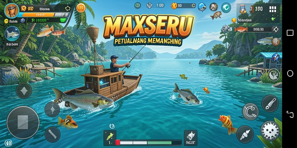 Screenshot gameplay <strong>MAXSERU</strong> menunjukkan pengalaman memancing yang memukau.