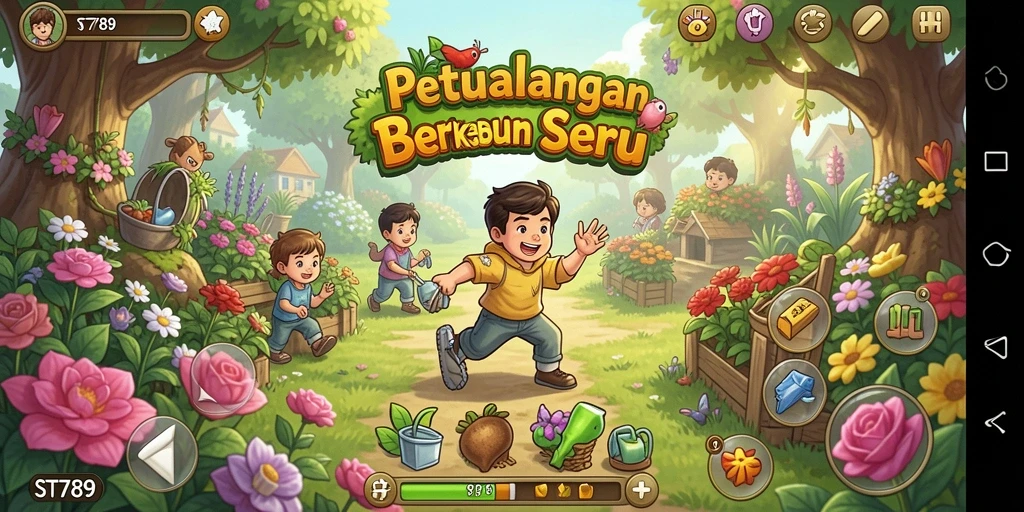 Screenshot ST789 menampilkan aksi berkebun yang seru dan interaksi dengan karakter lain.