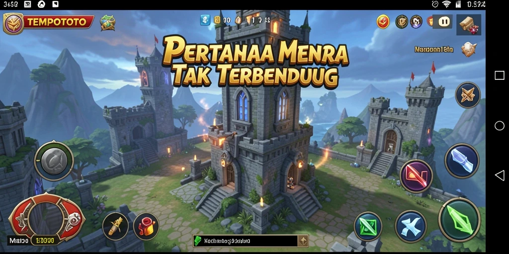 Gambar gameplay TEMPOTOTO menunjukkan menara yang siap mempertahankan wilayah dari serangan.